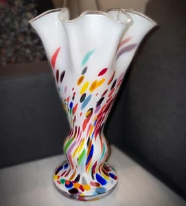 Murano Art Glass Hand Blown Mid-Century Modern White Vase w Colorful Confetti ๐ - Picture 1 of 12