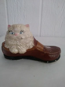 Figura de zapato mocasín gato blanco tiza pintada a mano figura vintage - Imagen 1 de 7