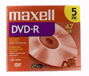 Paquete de 5 discos en blanco Maxell DVD-R 4,7 GB 120 min para video y datos - nuevos - Imagen 1 de 6