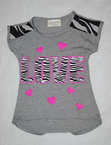 Girls Tee Shirt GRAY Pink ZEBRA STRIPE 6X Love HEARTS Round Bottom LONGER BACK - Picture 1 of 1