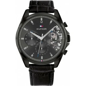 NEW Tommy Hilfiger Black Leather Black Dial Day-Date Baker Men’s Watch 1710452 - Picture 1 of 2