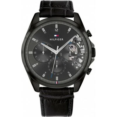 NEW Tommy Hilfiger Black Leather Black Dial Day-Date Baker Men’s Watch 1710452 - Image 1 of 2