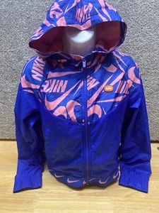 Nike Girls XL Cropped Windrunner Hooded Full Zip Jacket Blue Pink Pockets - Picture 1 of 13