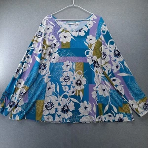 Susan Graver Blouse Womens 2X Blue White Floral Long Sleeve Lightweight Pullover - Picture 1 of 11
