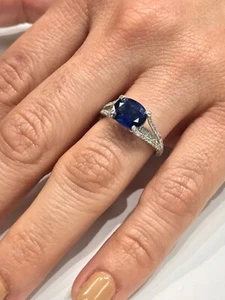 M. Katz Designer 18K White Gold Natural Blue Sapphire & Natural Diamond Ring - Picture 1 of 6
