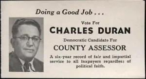 CHARLES DURAN HUERFANO COUNTY ASSESSOR 1952 COLORADO TARJETA POLÍTICA CÓDIGO DE LICENCIA - Imagen 1 de 3