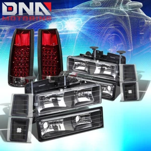 FOR 94-98 C/K BLACK HEAD LIGHTS+CORNER SIGNAL+BUMPER+RED TAIL LED BRAKE LAMPS - Picture 1 of 12