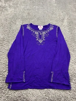 Quacker Factory Sweater Women Medium Purple Rhinestone Beaded Artsy Pullover Top - Image 1 of 4