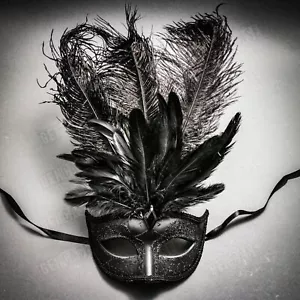 Black Mardi Gras Glitter Party Masquerade Ball Tall Feather Eye Mask for Women - Picture 1 of 4