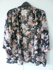 New Look sheer ladies black floral kimono Top size 16, pre-owned, vgc