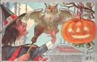 antique HALLOWEEN PRECAUTION postcard Witch WHITE OWL Jack O Lantern Series No 2
