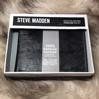 Новый с Ярлыками Steve Madden мужской черный кожаный RFID Passcase бумажник - Изображение 1 из 4