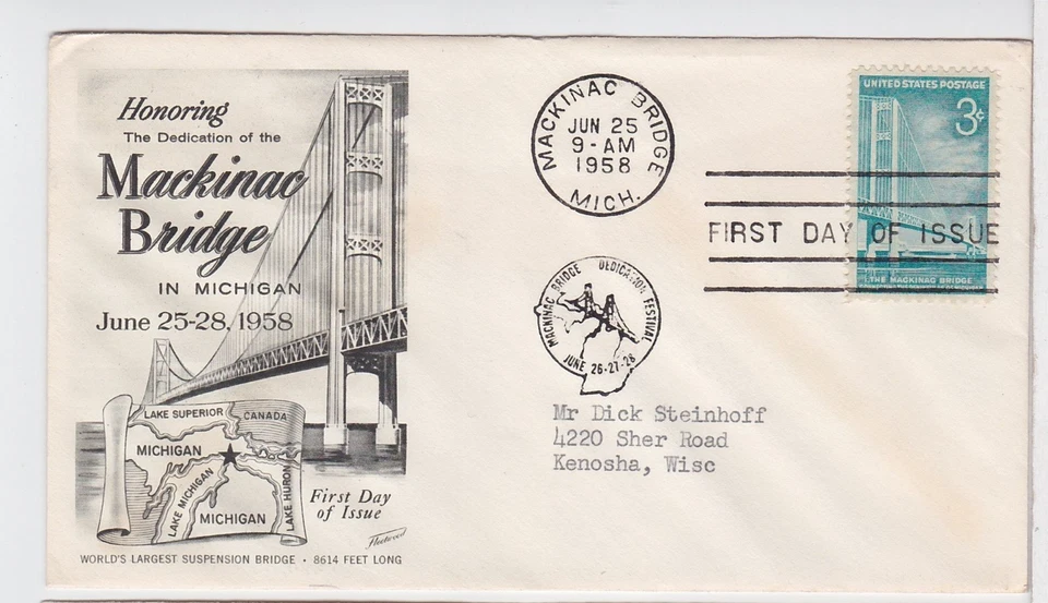 TurtlesTradingPost- Mackinac Bridge Dedication 1958 FDC #1108- Fleetwood Cachet - Image 1 of 1