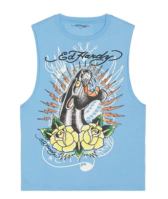 Camiseta sin mangas Ed Hardy para hombre M AZUL camiseta musculosa jaguar y floral ~ nueva con etiquetas Foto 1 de 2