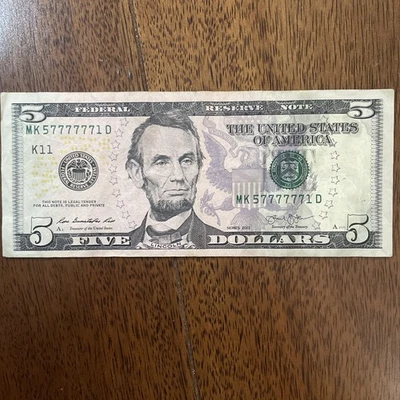 Fancy Serials Numbers Trinary Lucky 🍀 7s  $5 2013 MK(57777771)D 🍀 - Image 1 of 4