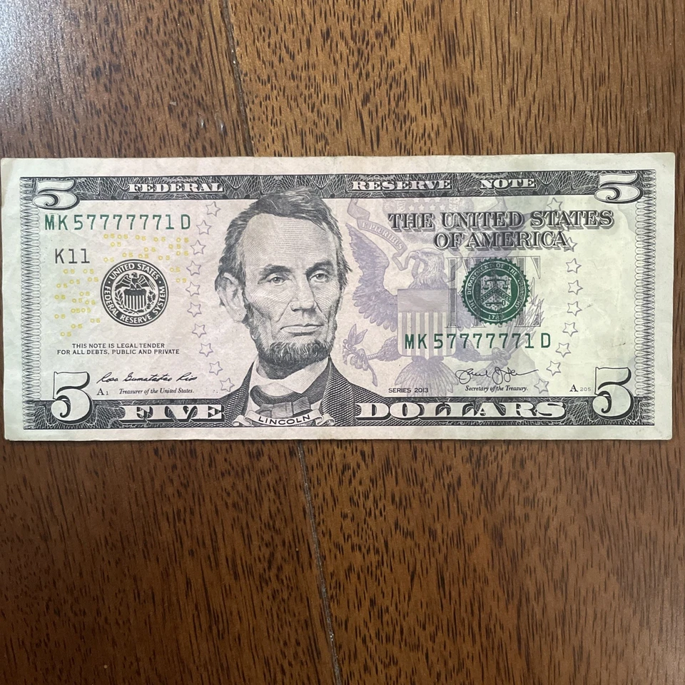 Fancy Serials Numbers Trinary Lucky 🍀 7s  $5 2013 MK(57777771)D 🍀 - Image 1 of 4