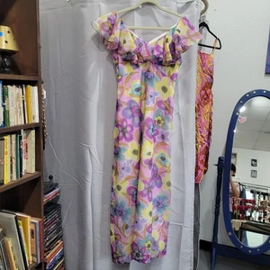70's Vintage Floral V-Neck Maxi Dress with Ruffle Sleeves - Picture 1 of 9