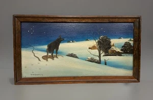 Arte enmarcado vintage antiguo firmado original óleo sobre tablero duro “Winter Wolf” 10x20” - Imagen 1 de 14