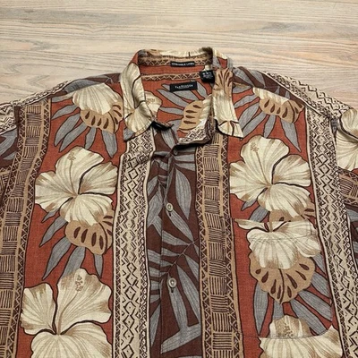 Van Heusen Washable Linen Shirt Mens L Geometric Floral Button Up Missing Button - Image 1 of 4