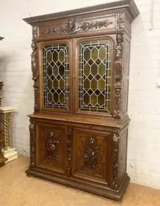 ARRIVES NOV 2024: Antique French Renaissance Stained Glass Bookcase w/ Women - Picture 1 of 10