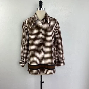 Vintage 70er Graff Polka Dot Bluse groß braun Krepp Knopfleiste Langarm - Bild 1 von 13
