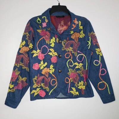 Vintage Boho  Embroidered Floral Jean Denim Jacket Women's OS/M Unique Rare NWOT - Image 1 of 4