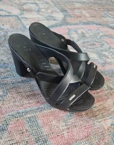 Crocs Cyprus IV High Heel Shoes Women's 9 Black Strappy Sandal Slip On Worn ONCE - Picture 1 of 13
