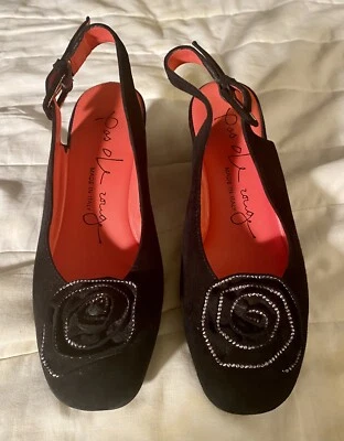 PAS DE ROUGE Black Suede Sling back Flower Heels - Size 37 Excellent - Image 1 of 4