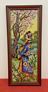 Vintage Asian Wall Hang Tapestry w Geisha Pattern Japan Cross-stitch Framed Art - Bild 1 von 13