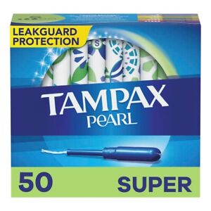 Tampax Pearl Tampons Super Absorbency, With Leakguard Braid, Unscented, 50 Count