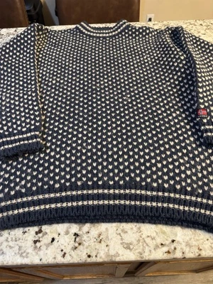 Devold Norway Nordsjo Wolle Fischer Pullover dick Herren groß blau weiß Chevron - Bild 1 von 4