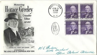 2 '61 FDCs 150th Anniversary of Horace Greeley American Journalist SC#1177 B4 #2 - Image 1 of 2