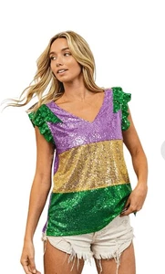 BiBi Karneval Pailletten Top mit Rüschenärmeln Gr. XL Neu mit Etikett - Bild 1 von 11