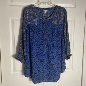 Intro Shirt Damen 2X blau Blumen Animal Print fließend Popover Henley Bluse Top - Bild 1 von 10