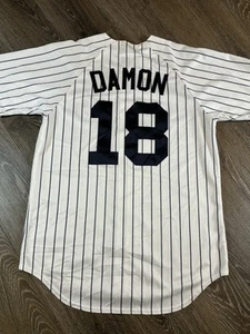 Vintage Majestic New York Yankees Johnny Damon #18 Jersey White Pinstripe Medium - Picture 1 of 9