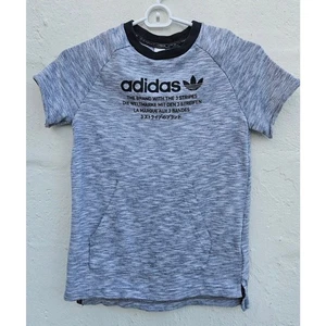 Adidas Youth Boys Small 9-10 Short Sleeve Sweatshirt Gray Pockets Spellout Logo - Picture 1 of 7