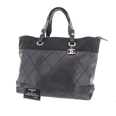 CHANEL Used Quilted Paris Biarritz Tote Handbag Black PVC Canvas #AH713 S - Image 1 of 4