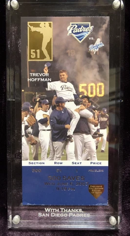 Trevor Hoffman #51 w/San Diego Padres 500 Saves Commemorative Ticket in Lucite Cover