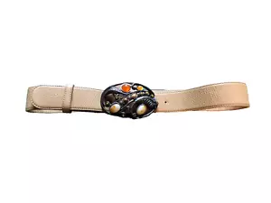 Cintura vintage beige Doncaster pelle ciottolata ovale metallo pietra intarsiata fibbia grande M - Foto 1 di 21