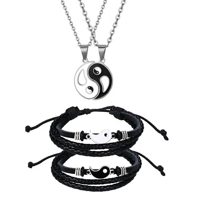 4pcs Couple Friendship BFF Yin and Yang Matching Necklace Adjustable Bracelet - Image 1 of 4