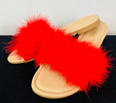 Red marabou feather sandals slip on slide flats slippers slip flops 10 - Image 1 of 4