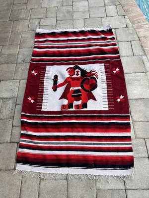 Vintage Mayan Inca Aztec Warrior Fringe red Striped Native blanket - Image 1 of 4