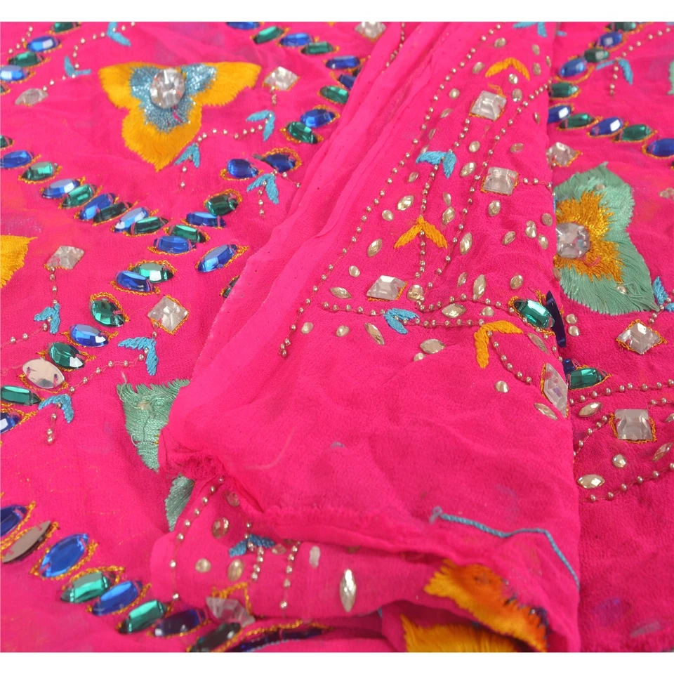 Velo de cuentas a mano de seda georgette pura estola larga Dupatta rosa vintage sánskriti   Foto 1 de 4