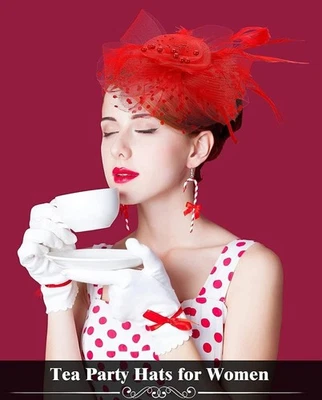 Red Feather Mesh Fascinator Hat Hair Clip Head Band Wedding Tea Cocktail Party - Image 1 of 4