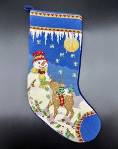 Beautiful Needlepoint Wool Snowman w/ Deer Icicles Blue Christmas Tree Stocking - Picture 1 of 8