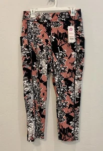 NWT POP Fit Women’s Leggings 2XL Pink Black White Floral with Pockets - Picture 1 of 9