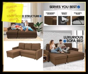 3 Seater Brown Fabric Corner Sofa Pull Out Double Bed + Storage Chaise Lounge - Picture 1 of 7