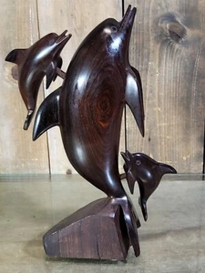 Dolphins 13” Statue Figurine…Hand Made Carved Iron Wood Mom & 2 Calves - Picture 1 of 10