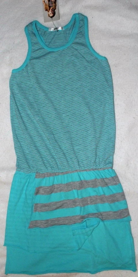 NWT Joah Love Girl's Teal Gray Striped Knit Racerback Tank Dress Sz 14 Yrs - Image 1 of 1