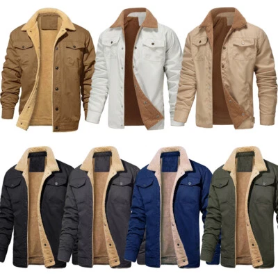 Mens Fleece Lined Cargo Jacket Coat Trucker Sherpa Fur Collar Lapel Outwear Top/ - Image 1 of 4